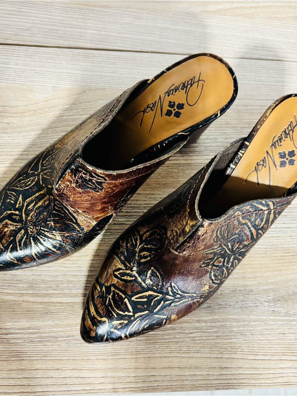 Patricia Nash Ruffina Floral Leather Mules Heels Brown Black Slip On Size 7